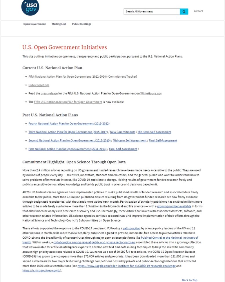 U.S. Open Government Initiatives platform before redesign